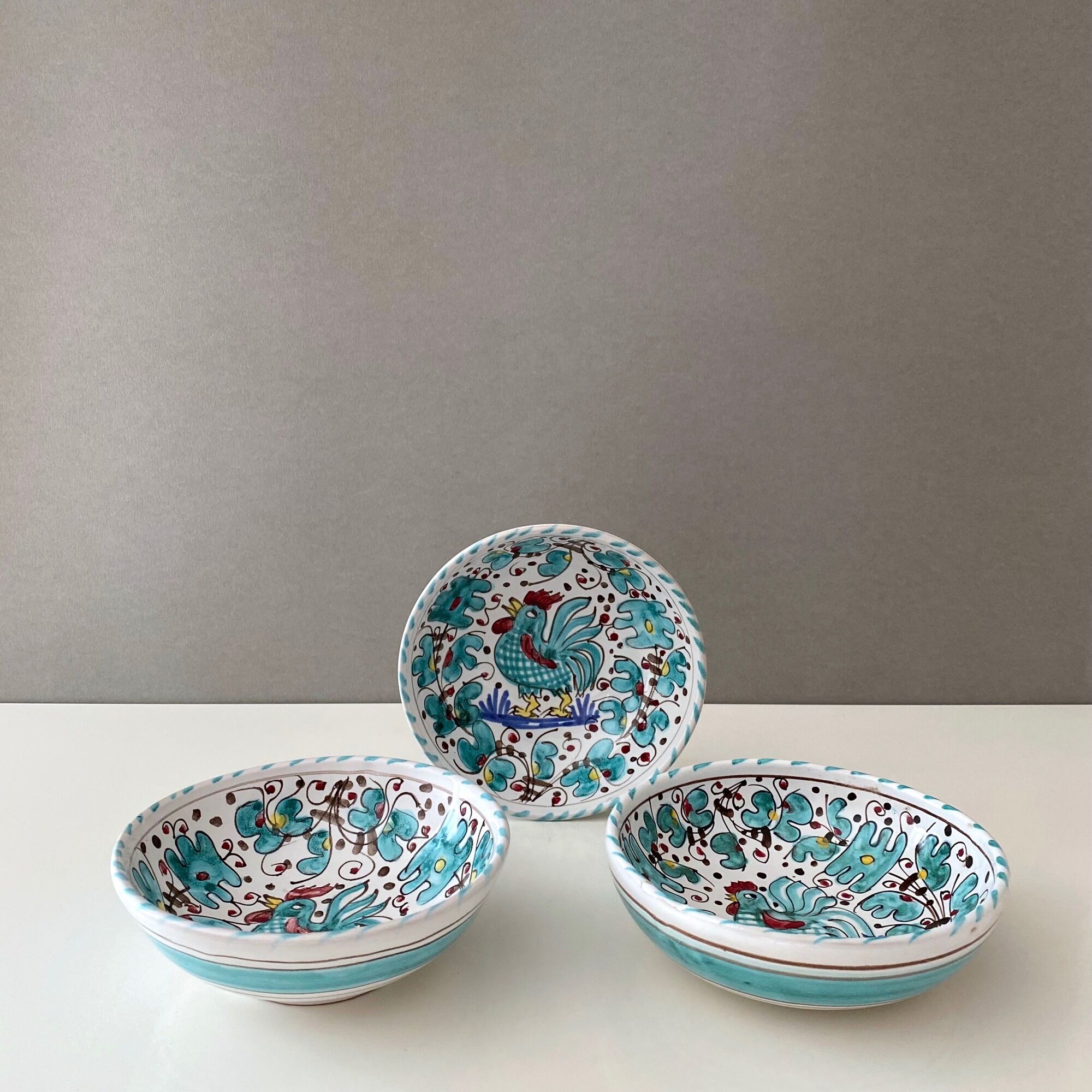 3 ceramic bowls deruta etrusca, green rooster, ceramic bowl italian majolica pottery handpainted