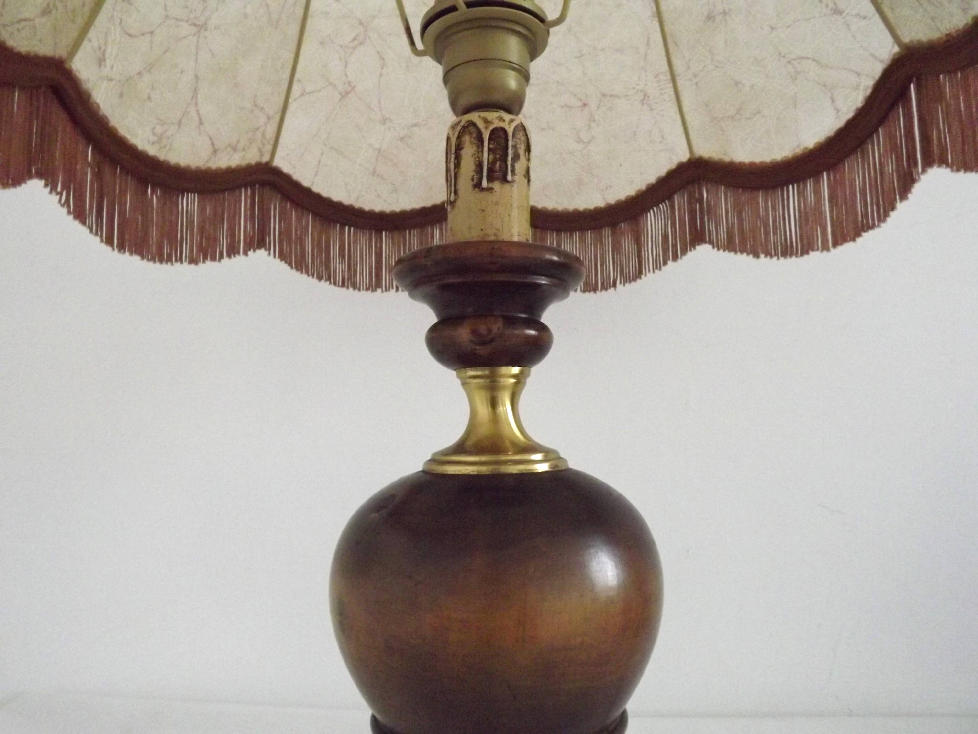 Vintage French Country Style Lamp Turned Wood Base & Hide Skin Shade