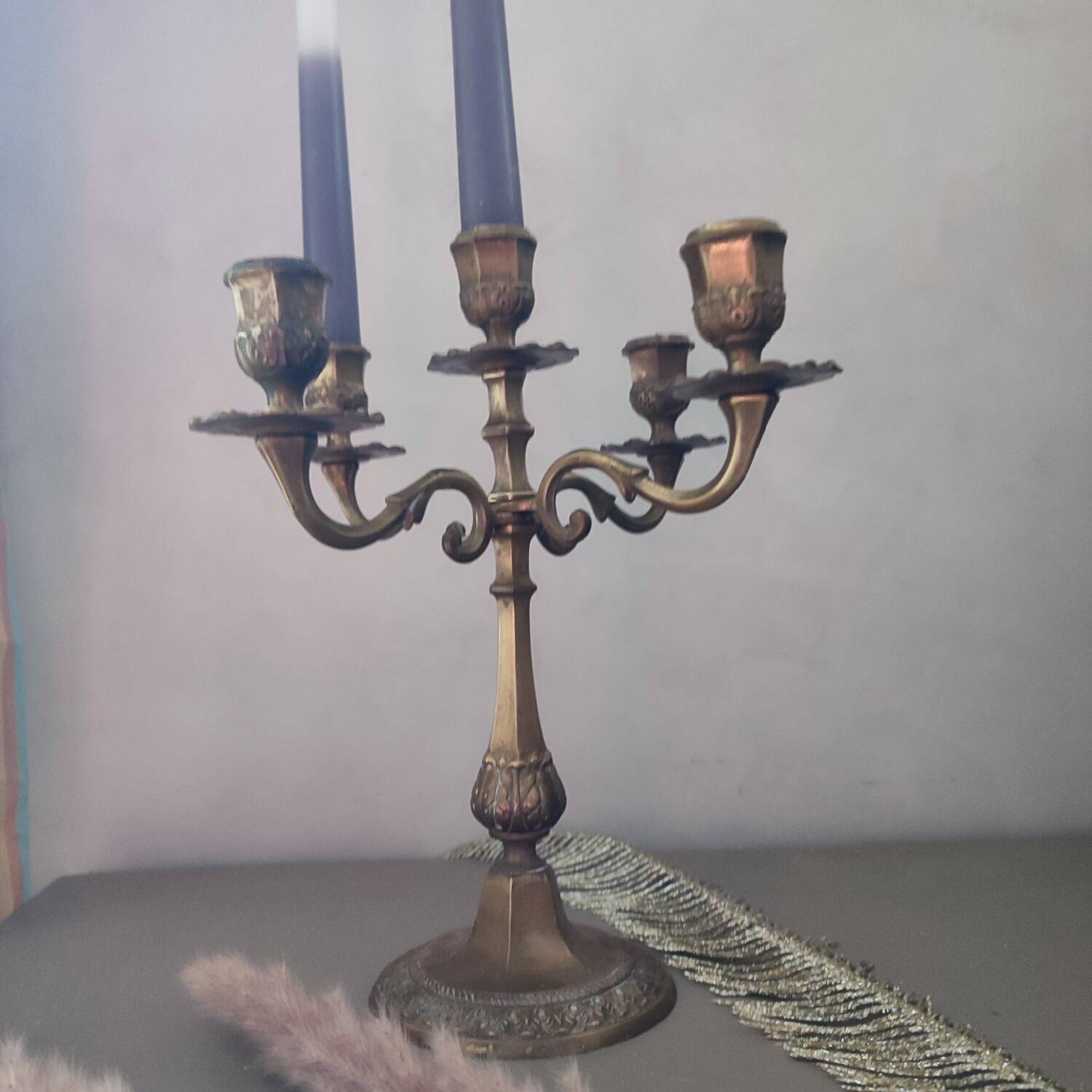 Antique 4-branch candlestick or candelabra in engraved spelter