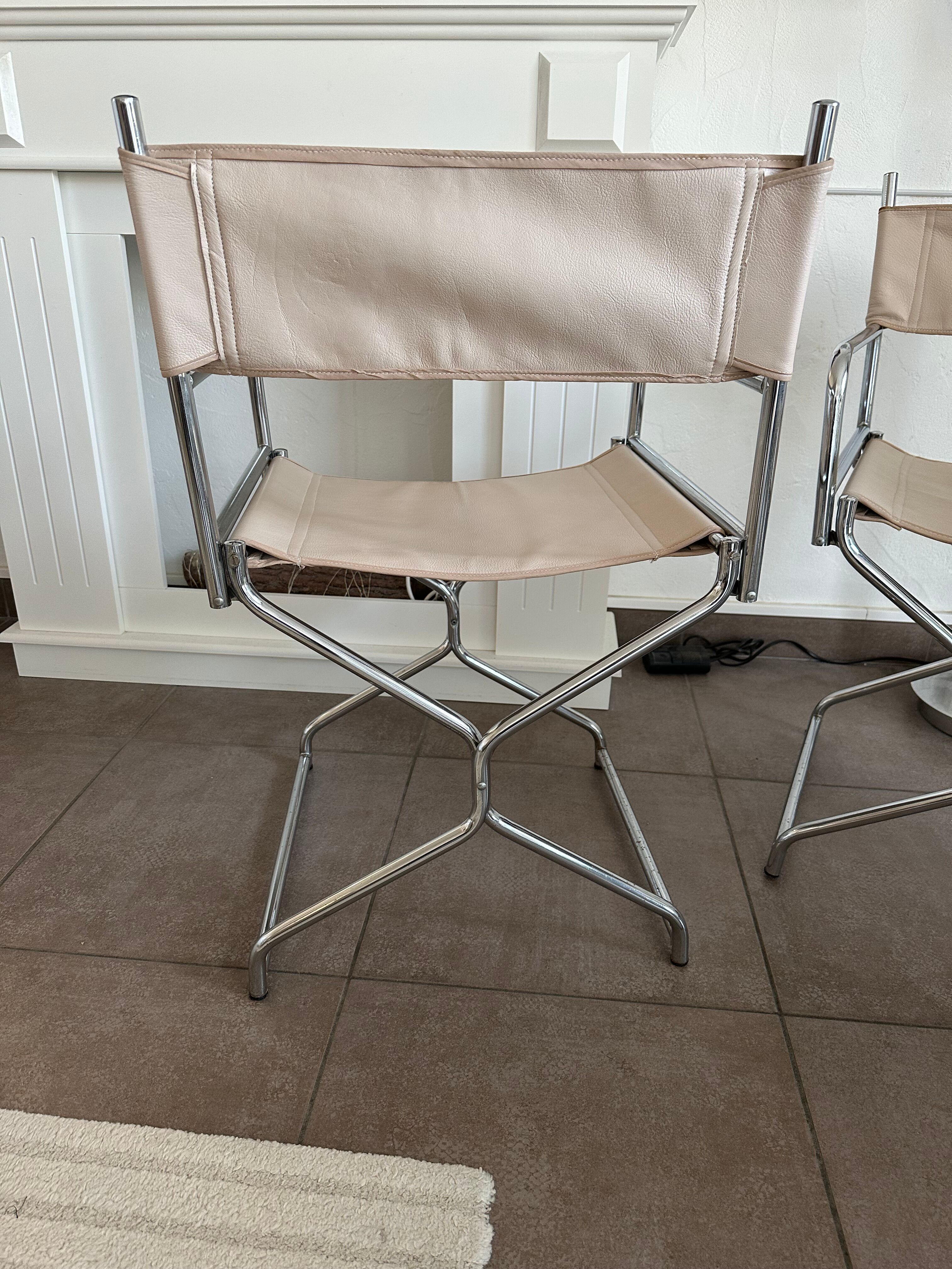 Chaise fauteuil vintage metteur en scène chrome & cuir beige
