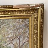 Old oil on canvas, wooded landscape with house, gilded frame.