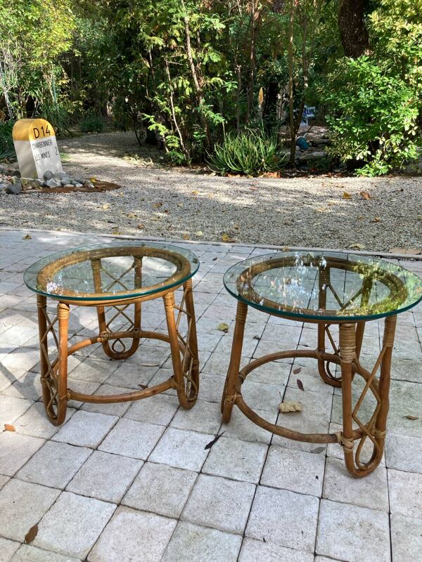 Paire de table basse ronde en rotin et verre vintage année 60’S