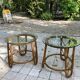 Pair of round coffee tables in vintage rattan and glass from the 1960s