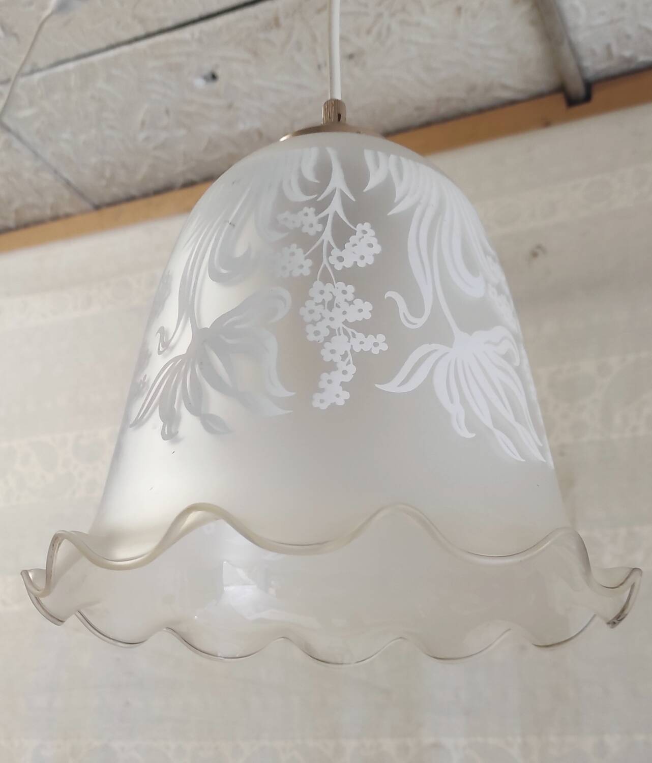 Suspension style Art Nouveau glass globe with screen-printed floral pattern.