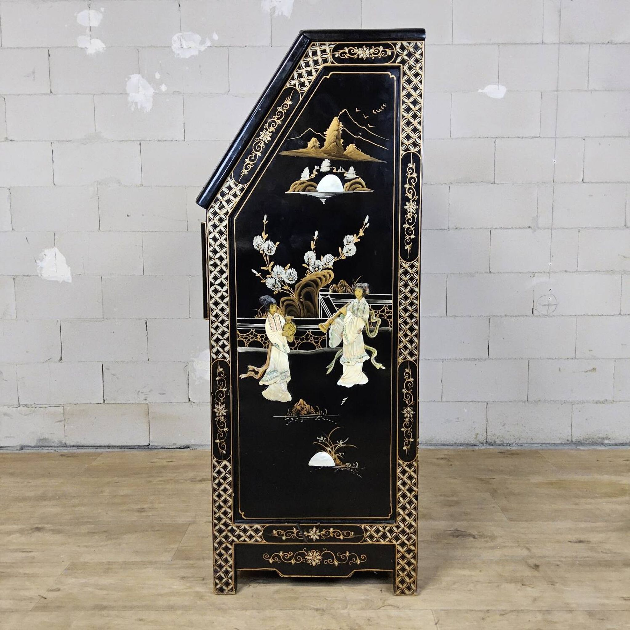 Vintage Chinese lacquer secretary desk with mother-of-pearl
