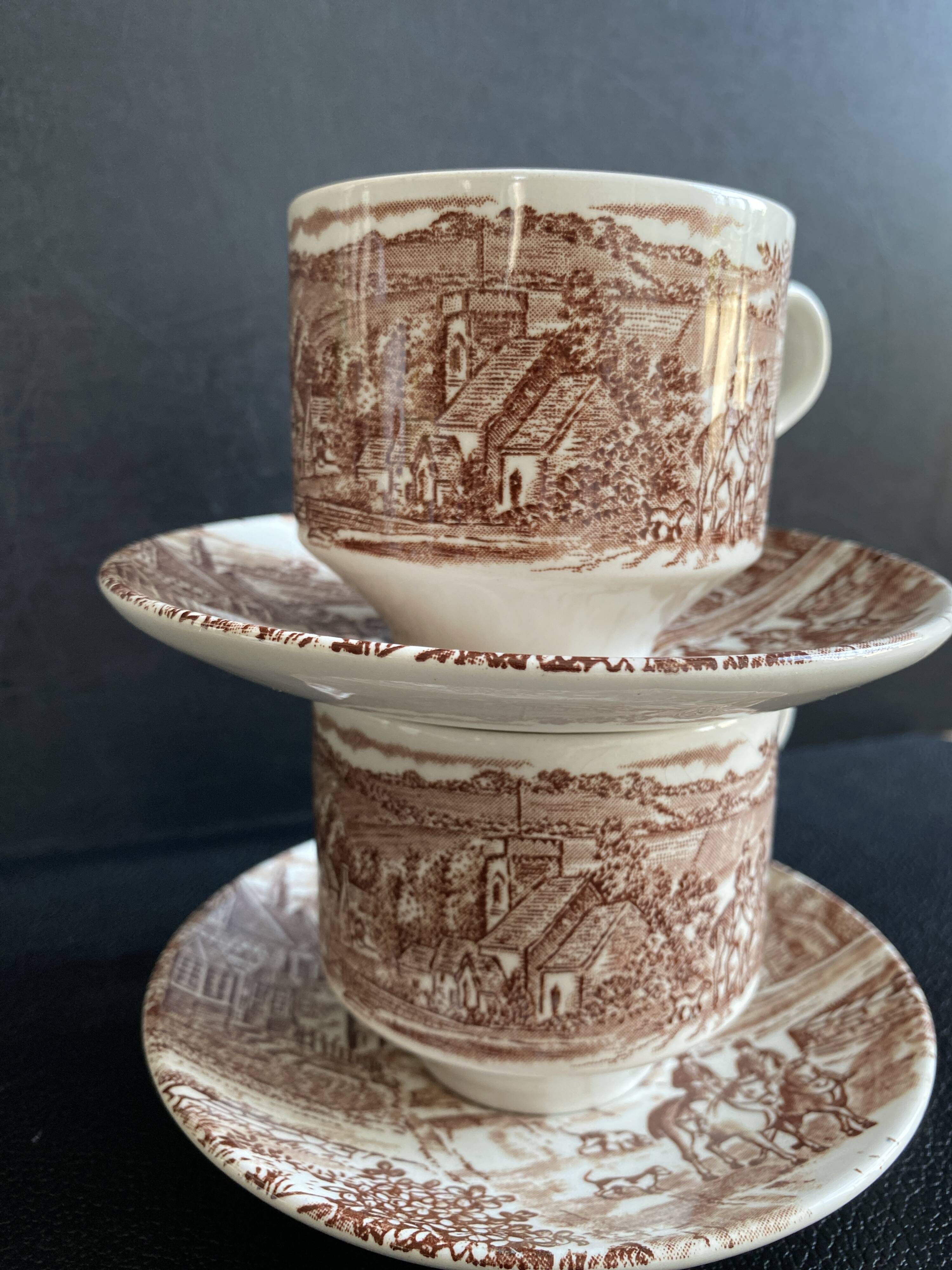 Duo of English Cups & Saucers Broadhurst Ironstone - Hunting Scene