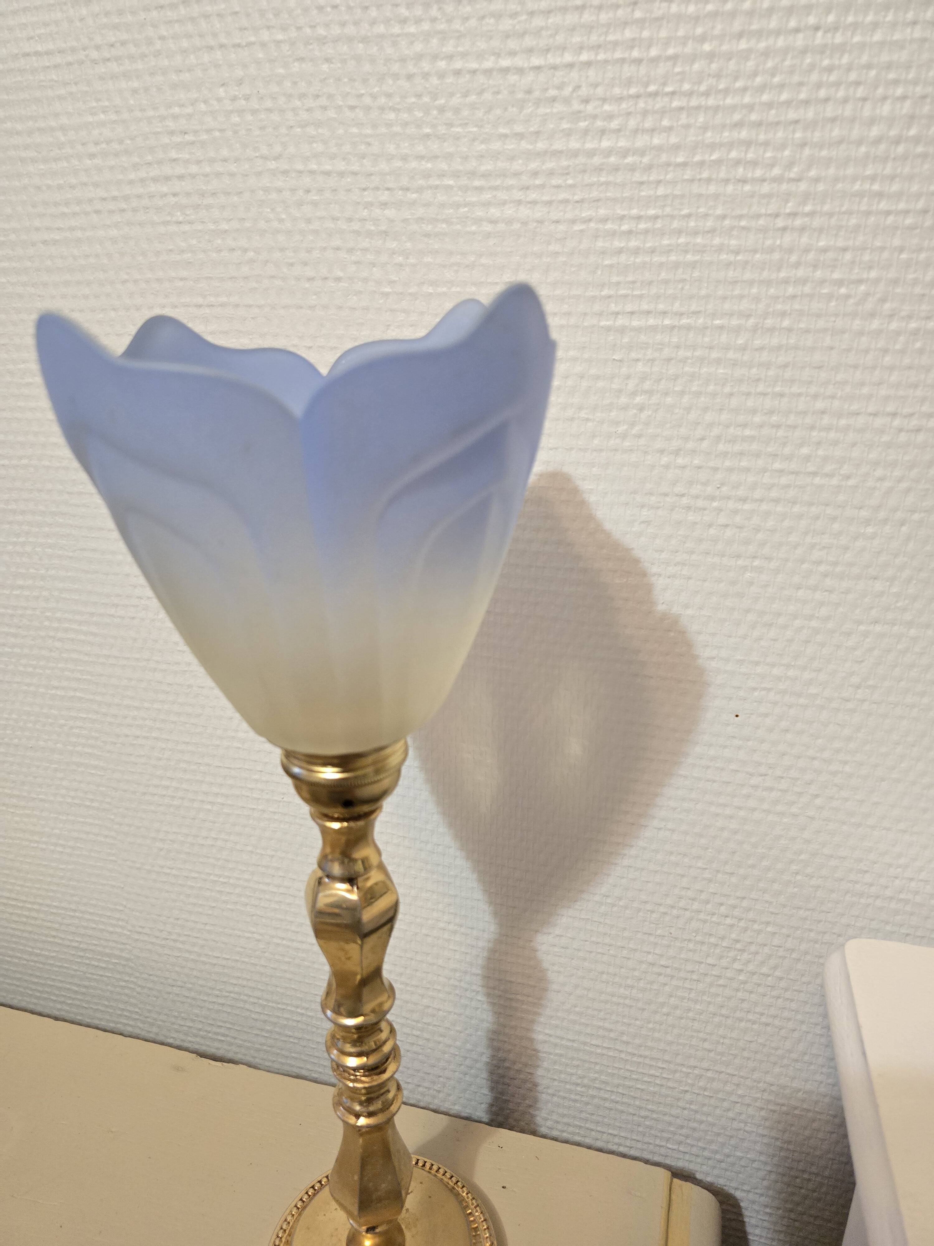 Blue and gold brass table lamp with opaline tulip Art Nouveau