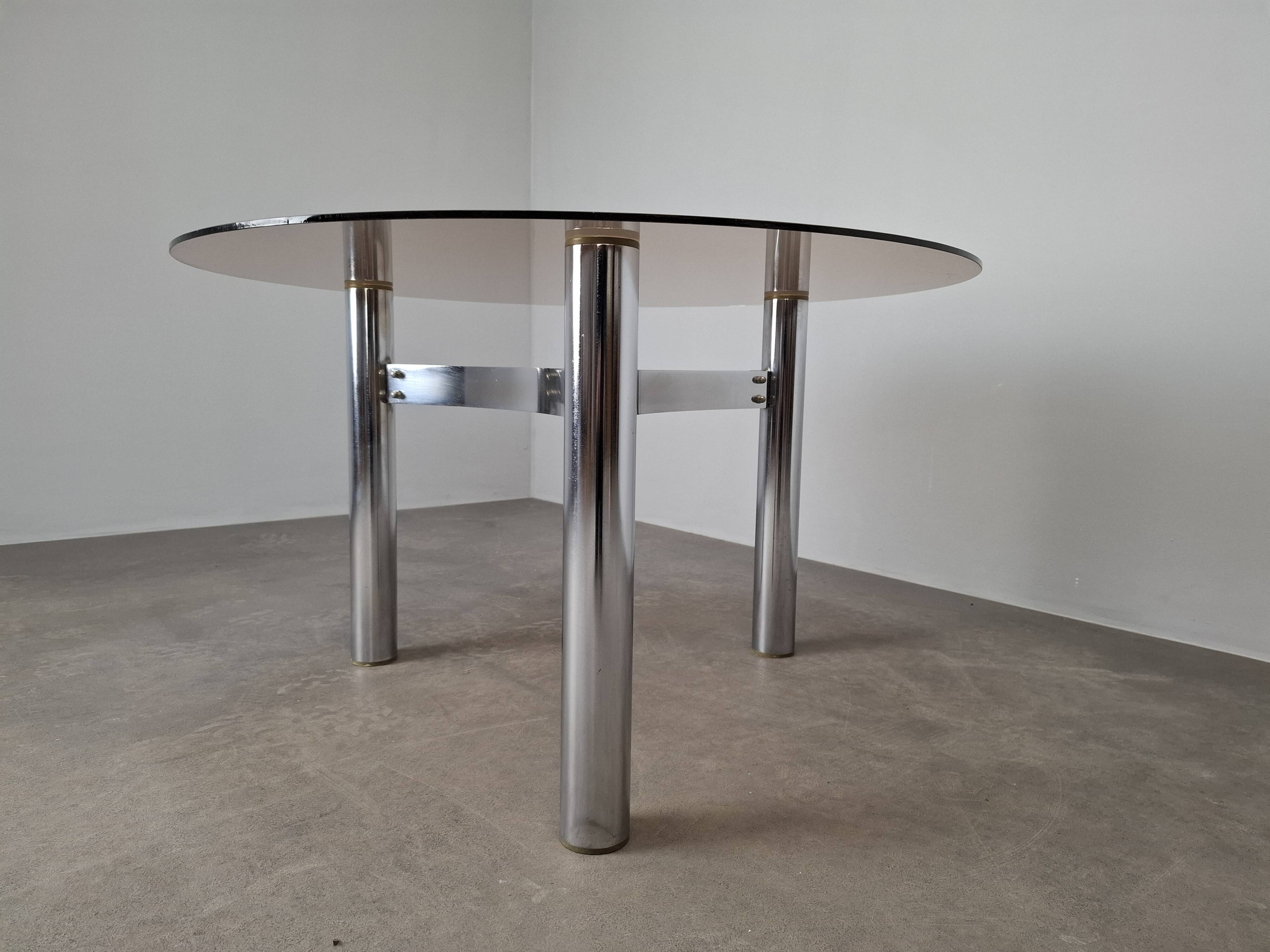 Mid-century Czechoslovak smoked glass coffee table, chrome metal, 1970s