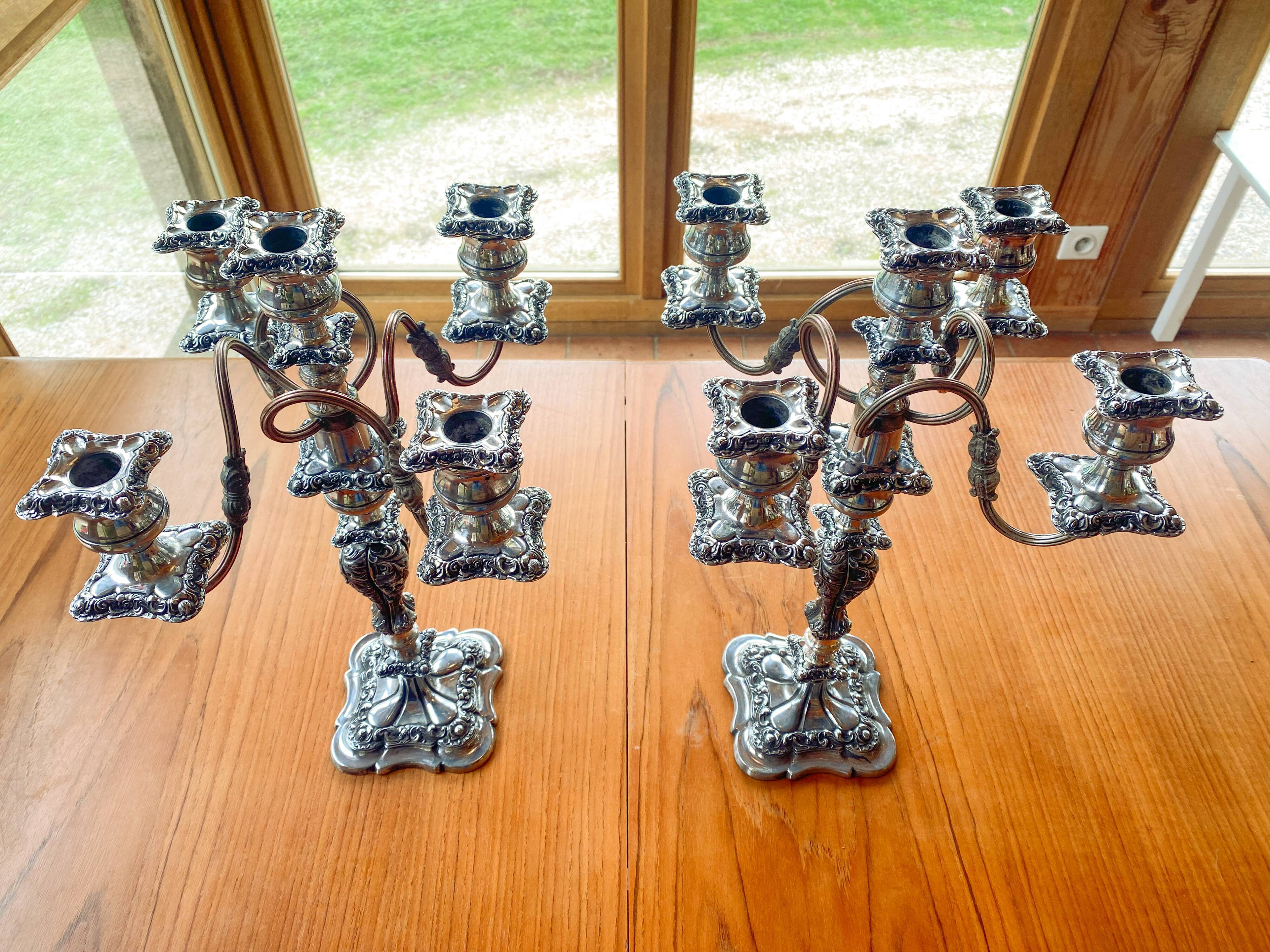 Pair candelabras in silvered bronze
