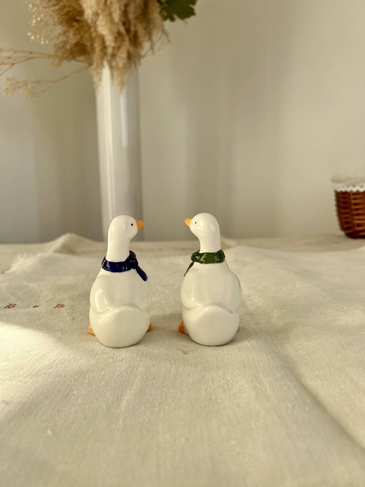 Vintage porcelain salt and pepper shaker in the shape of cottage core geese