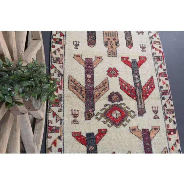 Vintage Turkish Oushak Handmade Wool Cotton White Runner Rug 111x343