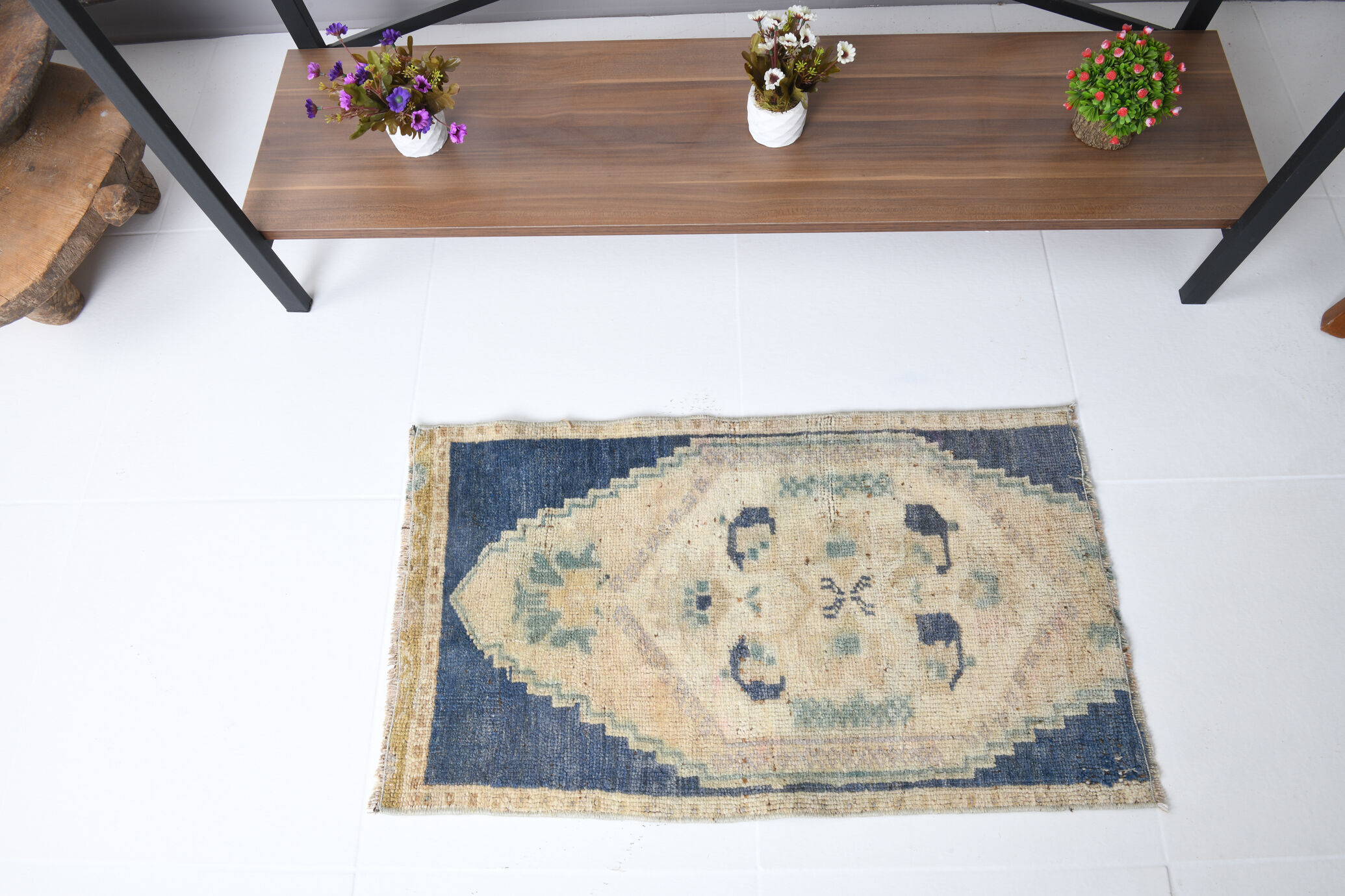 1X2 Blue vintage door mat rug, 1x2 Blue door mat rug, 2.7x1.5 Ft