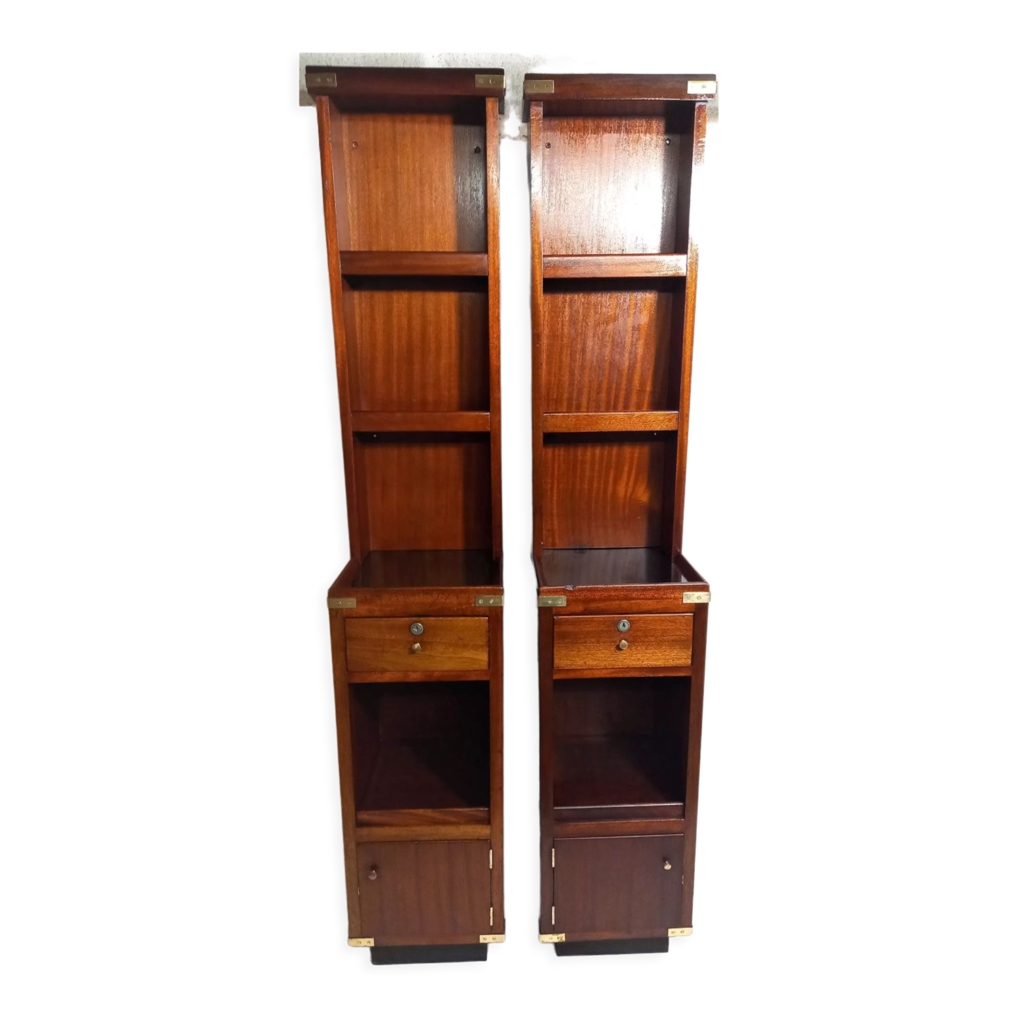 Pair of bedside tables with mahogany and brass shelf