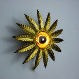 Brutalist sun wall lamp in gilded metal with gold leaf, Italy, 1970
