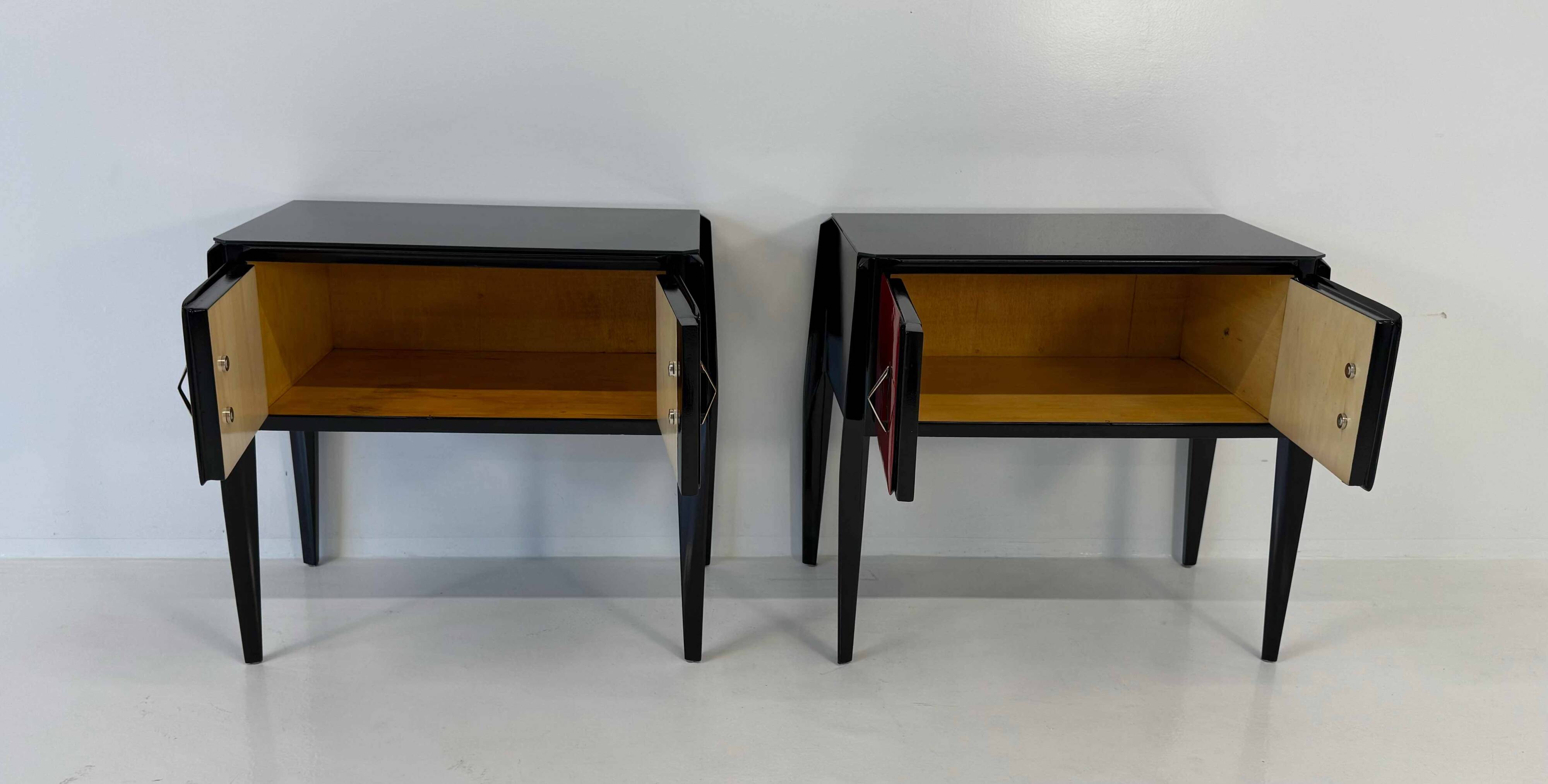 Italian Art Deco Cherry Red Parchment and Black Nightstands, 1950s