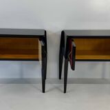 Italian Art Deco Cherry Red Parchment and Black Nightstands, 1950s