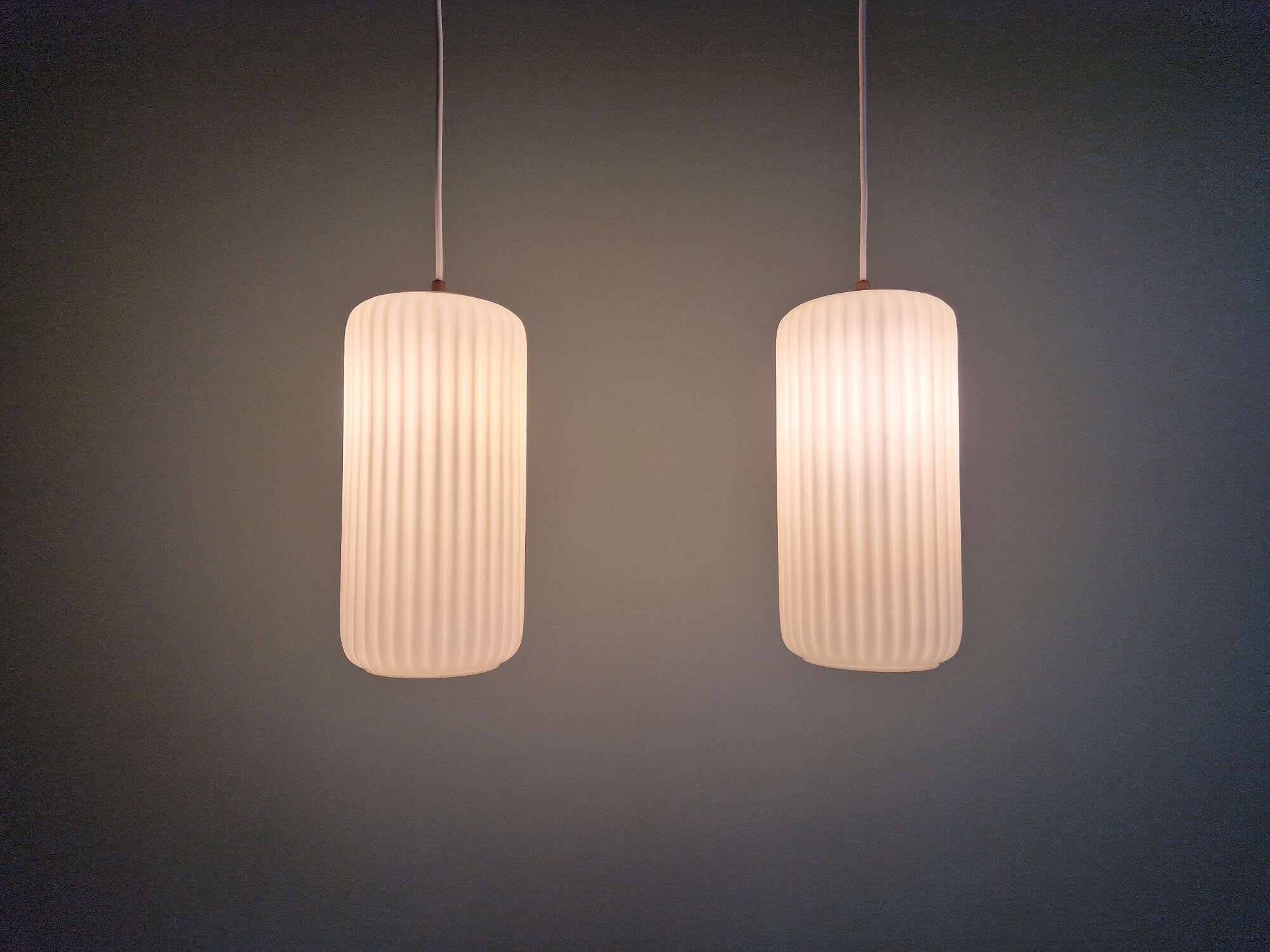 Pair of ribbed white opaline pendants, Philips, 1960s