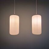 Pair of ribbed white opaline pendants, Philips, 1960s