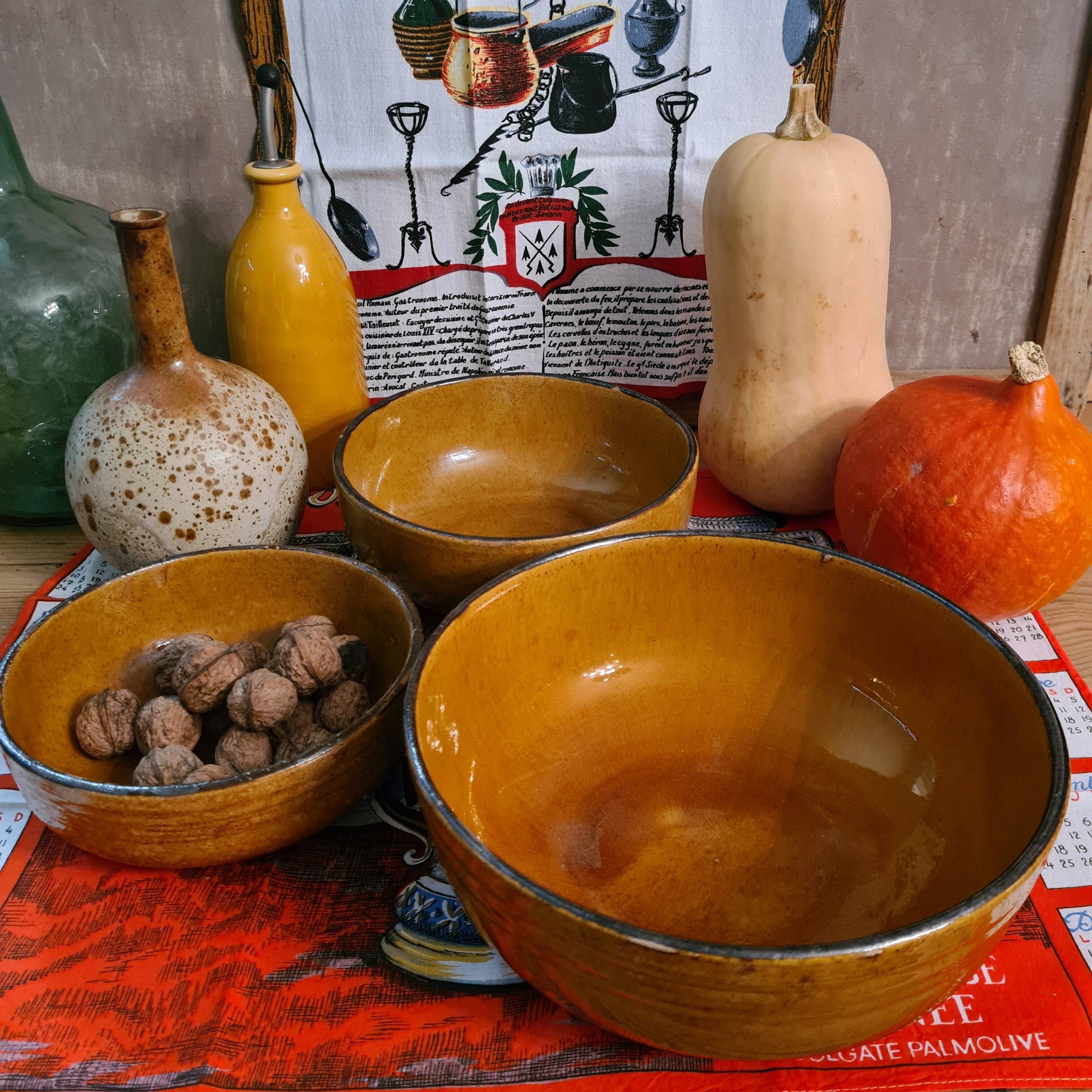 Set of 3 ceramic salad bowls varnished workshop aegitnat de vallauris around 1950