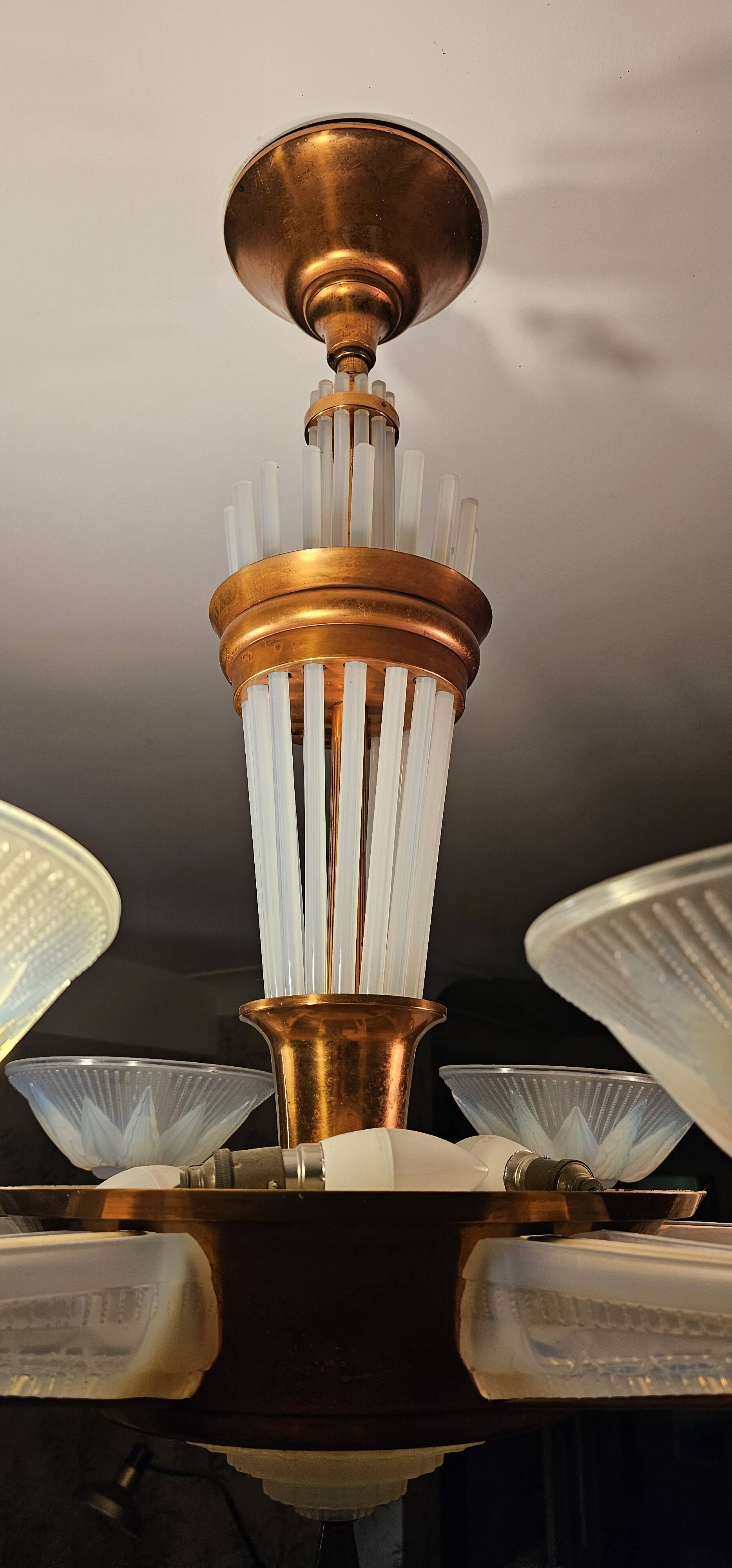 Art Deco chandelier by H.Petitot and Jean Gauthier in copper-plated metal and opal glass