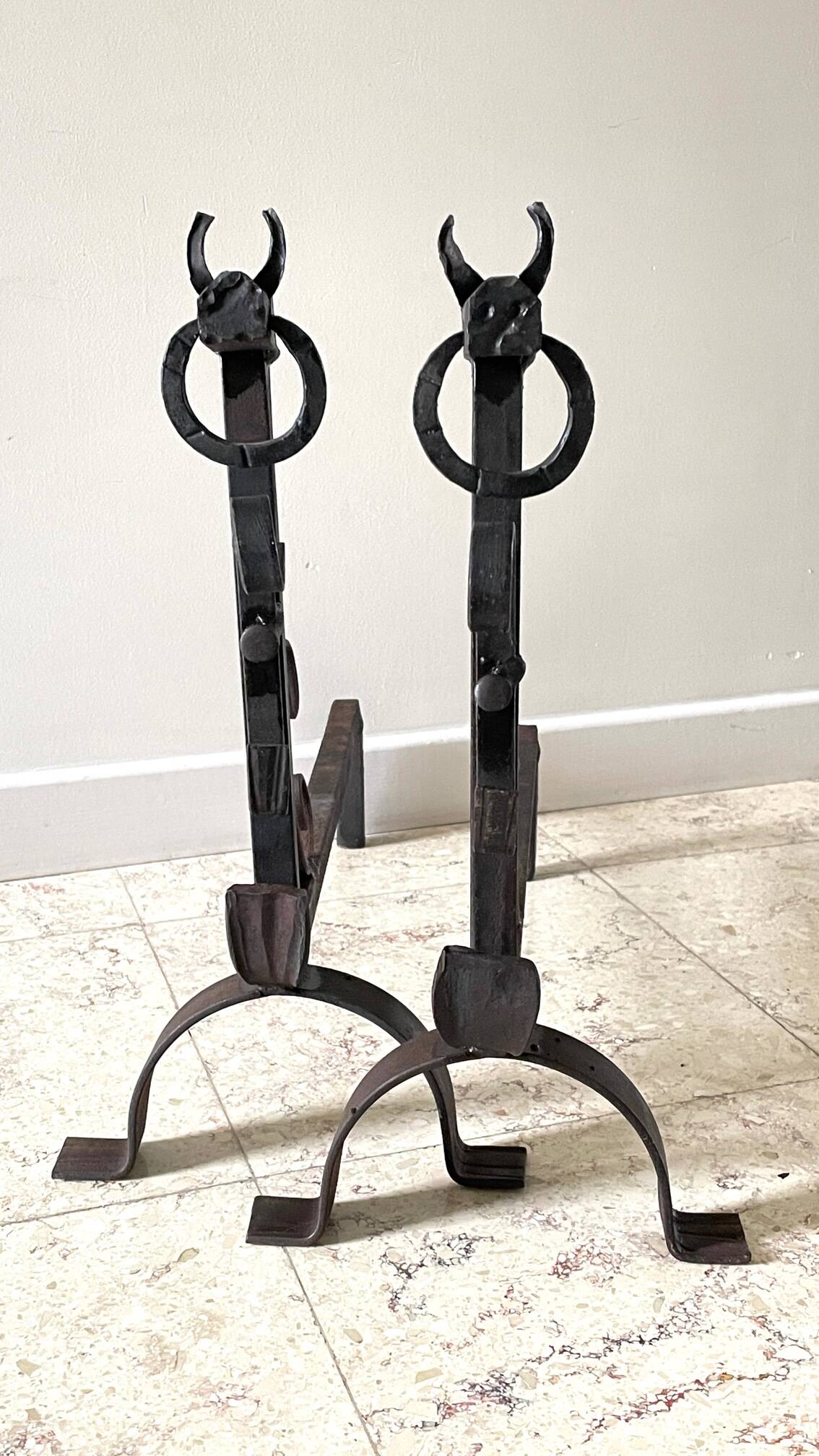 Pair of vintage steel brutalist andirons
