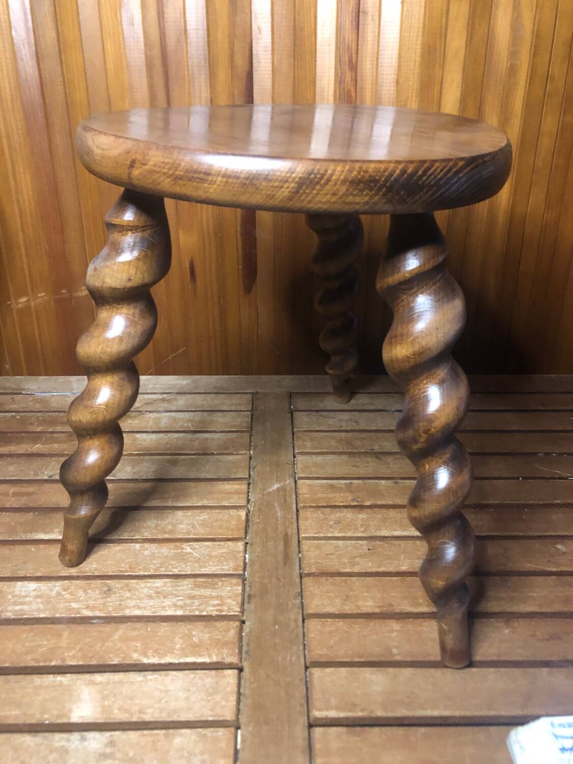 Charles Dudouyt style tripod milking stool vintage twisted wood #a583