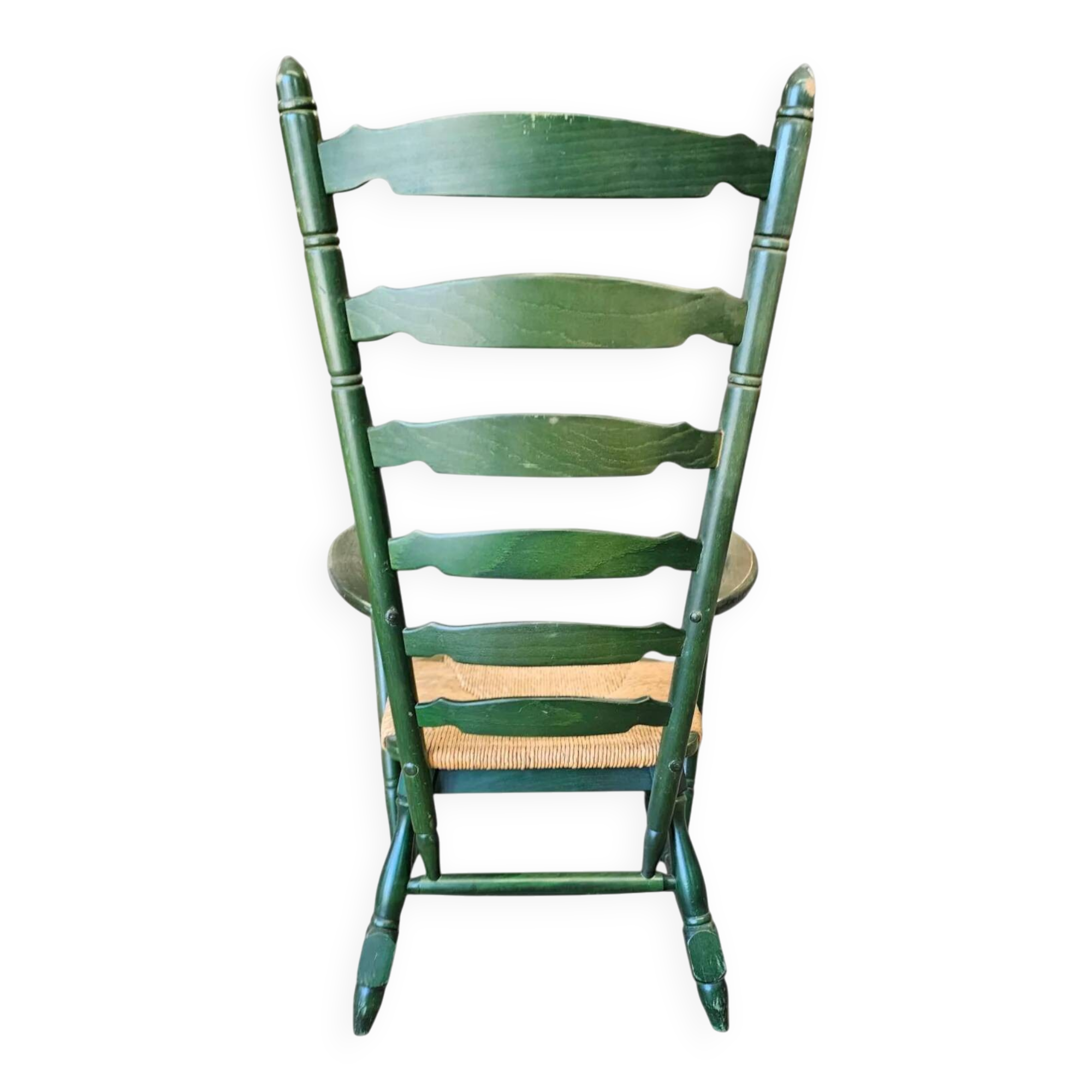 Vintage transparent green wooden arm chair / rush seat / high back ladder chair