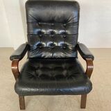 Vintage mid-century Scandinavian black leather lounge chair 1970s