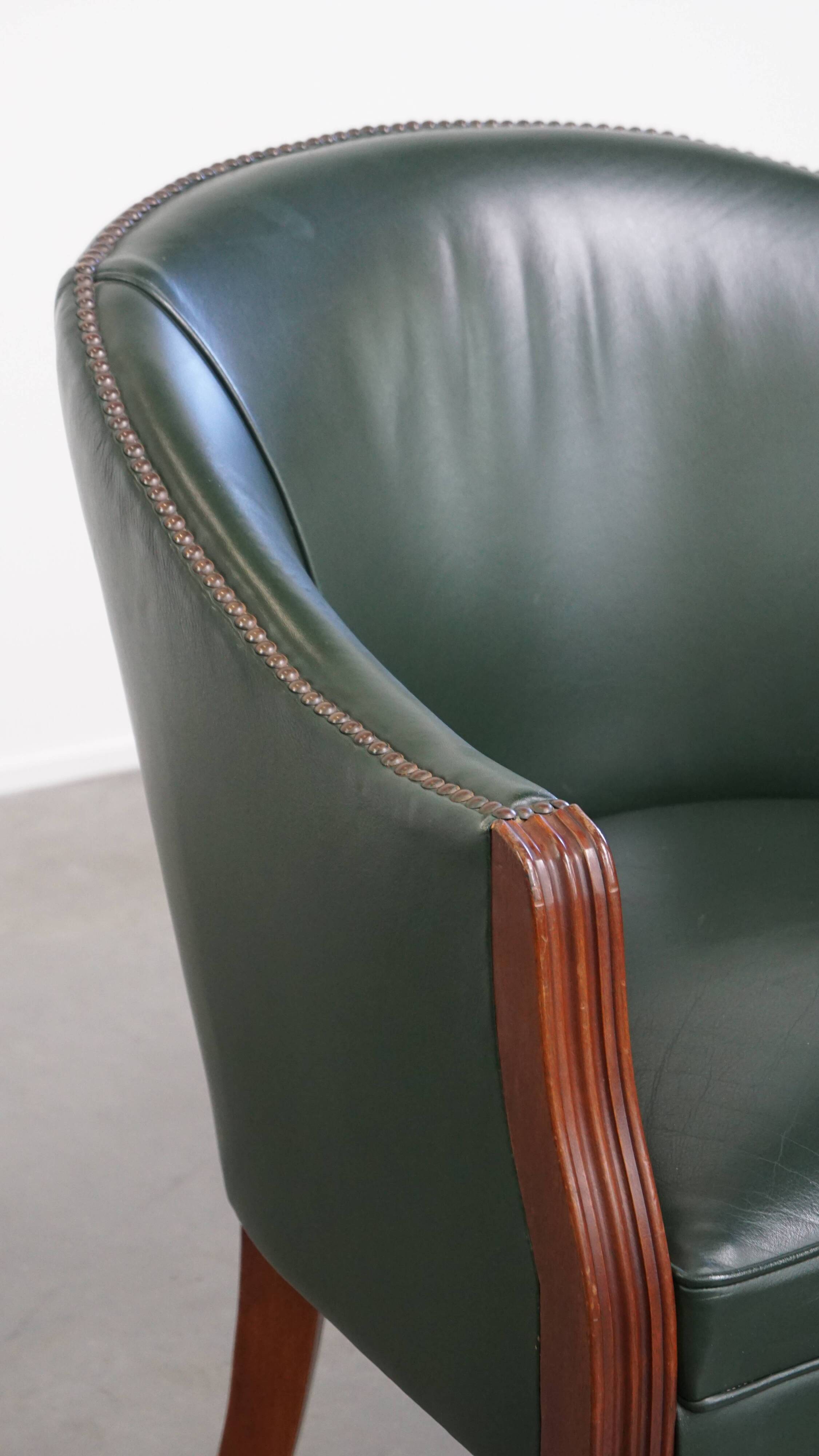 Set of 2 Green Cowhide Leather and Wooden Side/Dining/Office Chairs