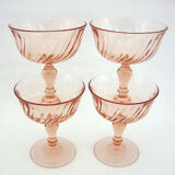 4 champagne glasses in powder pink twisted glass - Rosaline Luminarc Arcoroc - vintage 80s