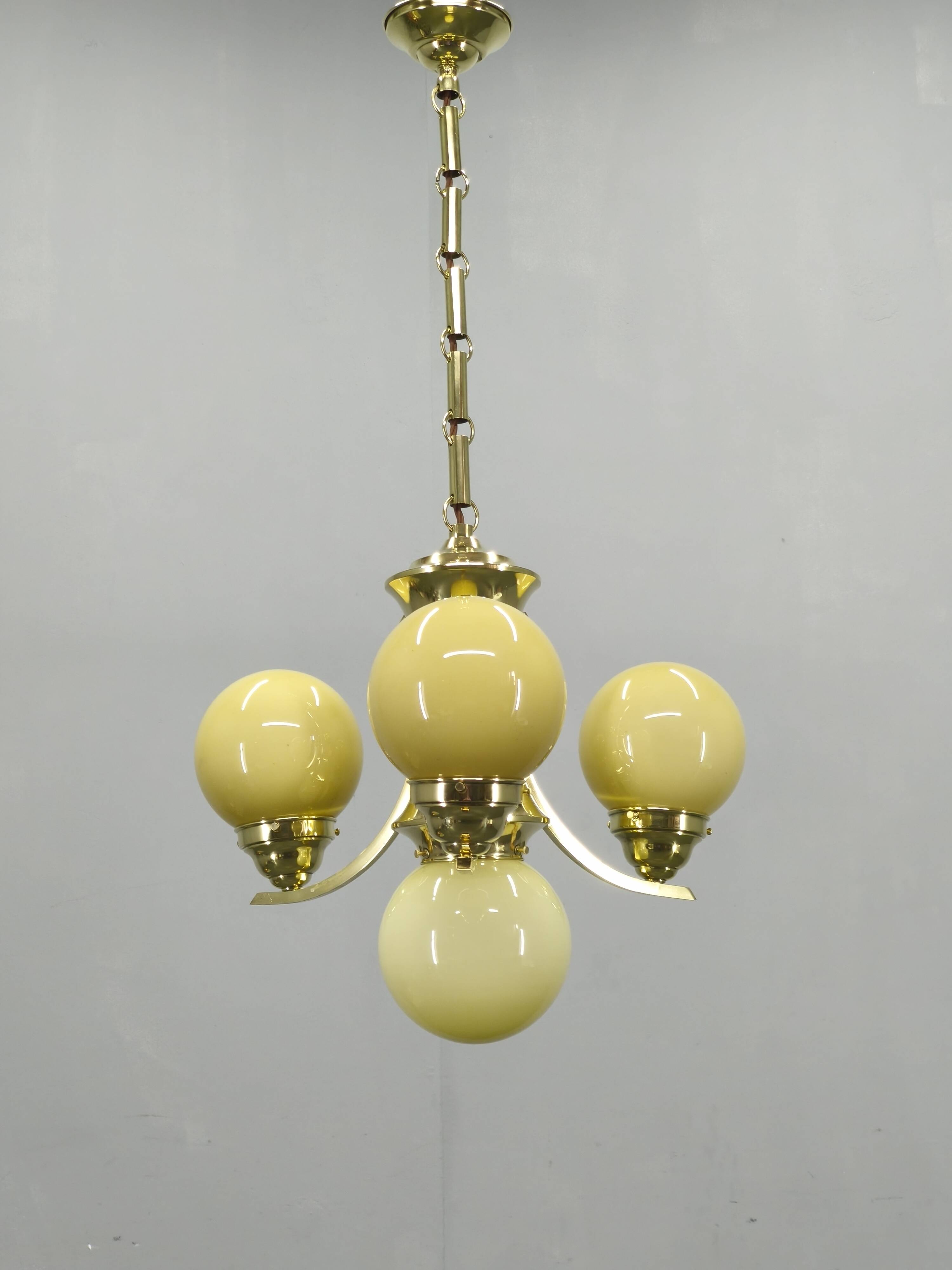 Art Deco Brass and Opaline Glass Chandelier, 1930s