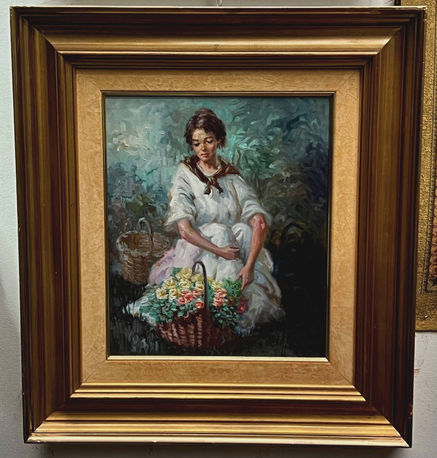 Portrait of a girl with flowers by Alfredo Mompo Roca.