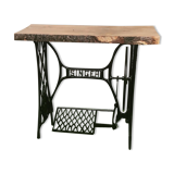 Cast iron and solid wood side table