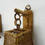 Pair of rattan and cane lantern wall lights. 1950s-1960s