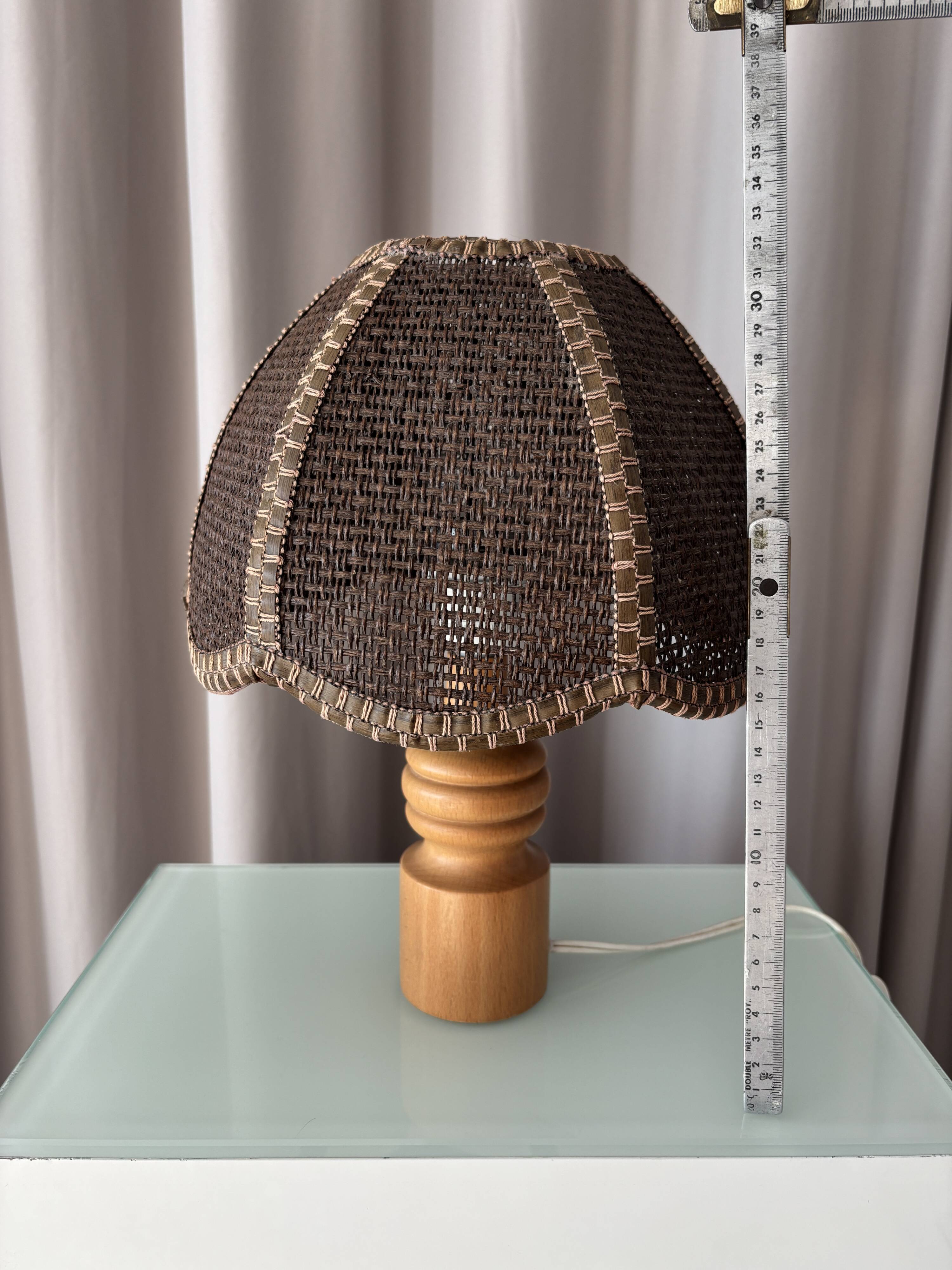 Vintage Woven Table Lamp – Wood & Rattan – 1970s