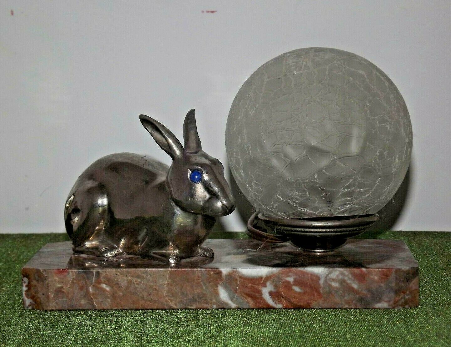 French Art Deco Lamp Marble Base Silver Metal Rabbit Crackle Ball Shade 3365