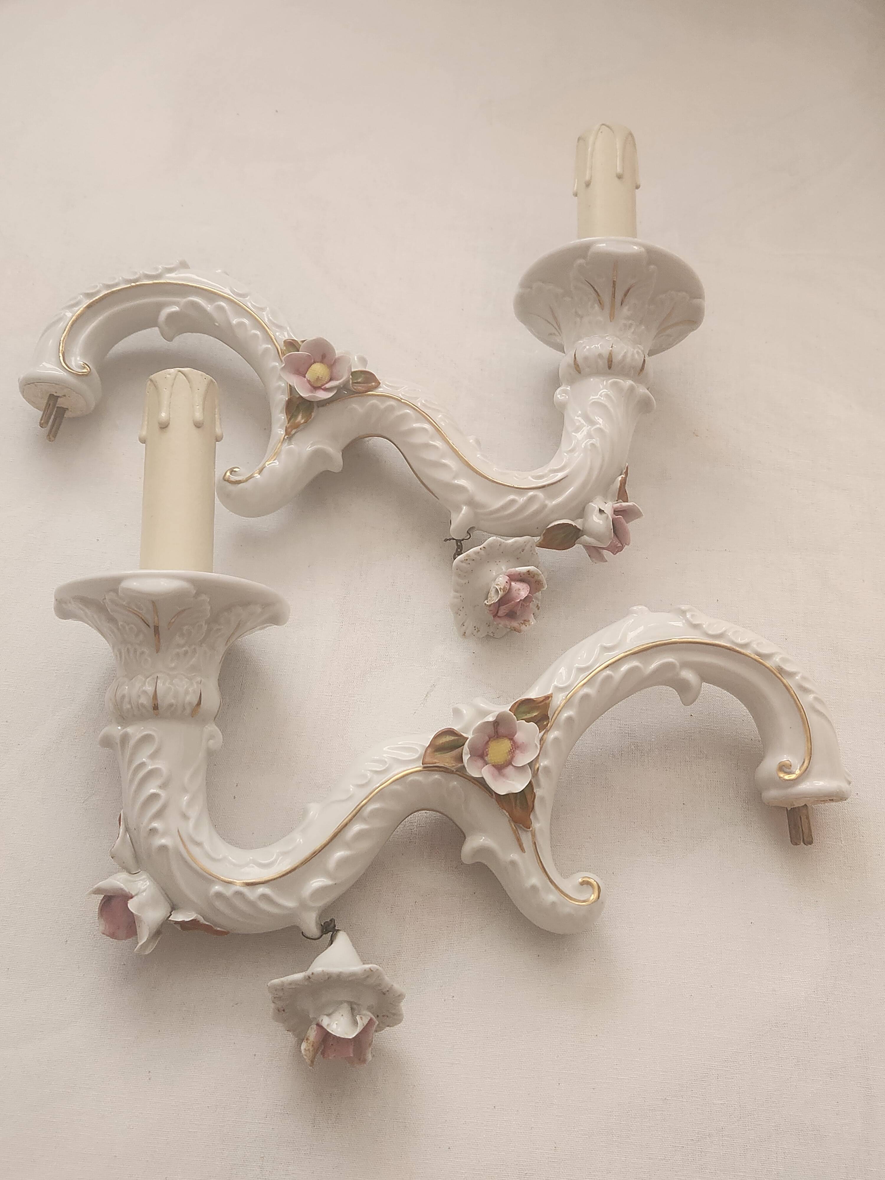 Large hand-painted gilded chandelier mangani ceramiche porcelain