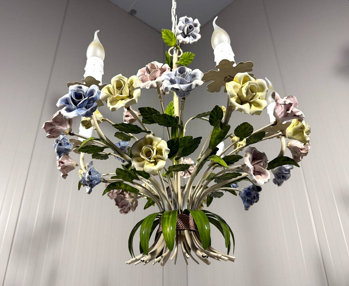 Italian tole chandelier porcelain flowers 1950’s