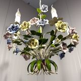 Italian tole chandelier porcelain flowers 1950’s