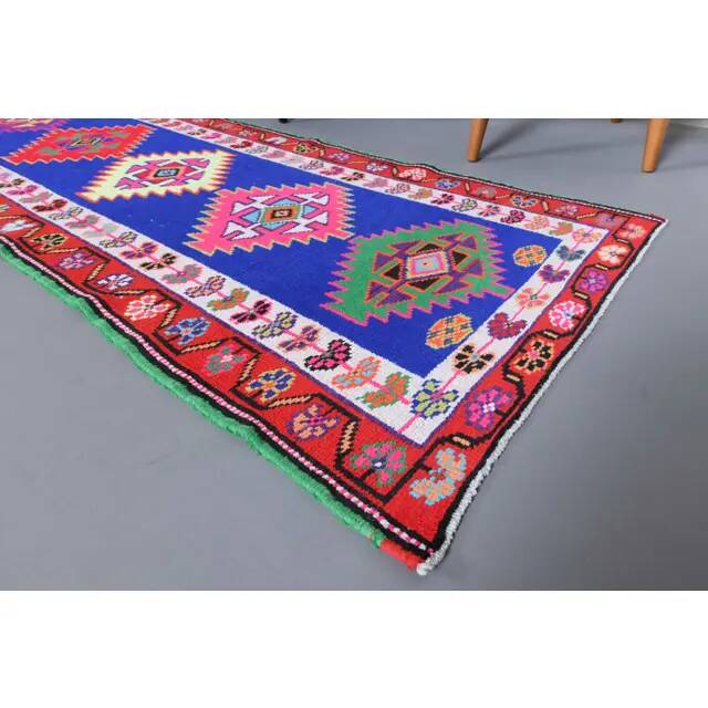 1970s Vintage Turkish Hand-Knotted Wool Cotton Blue Runner Rug 83x364