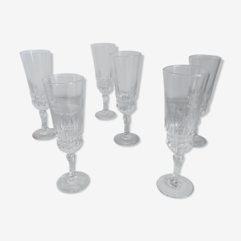6 flûtes à champagne en cristal d'arc France vintage