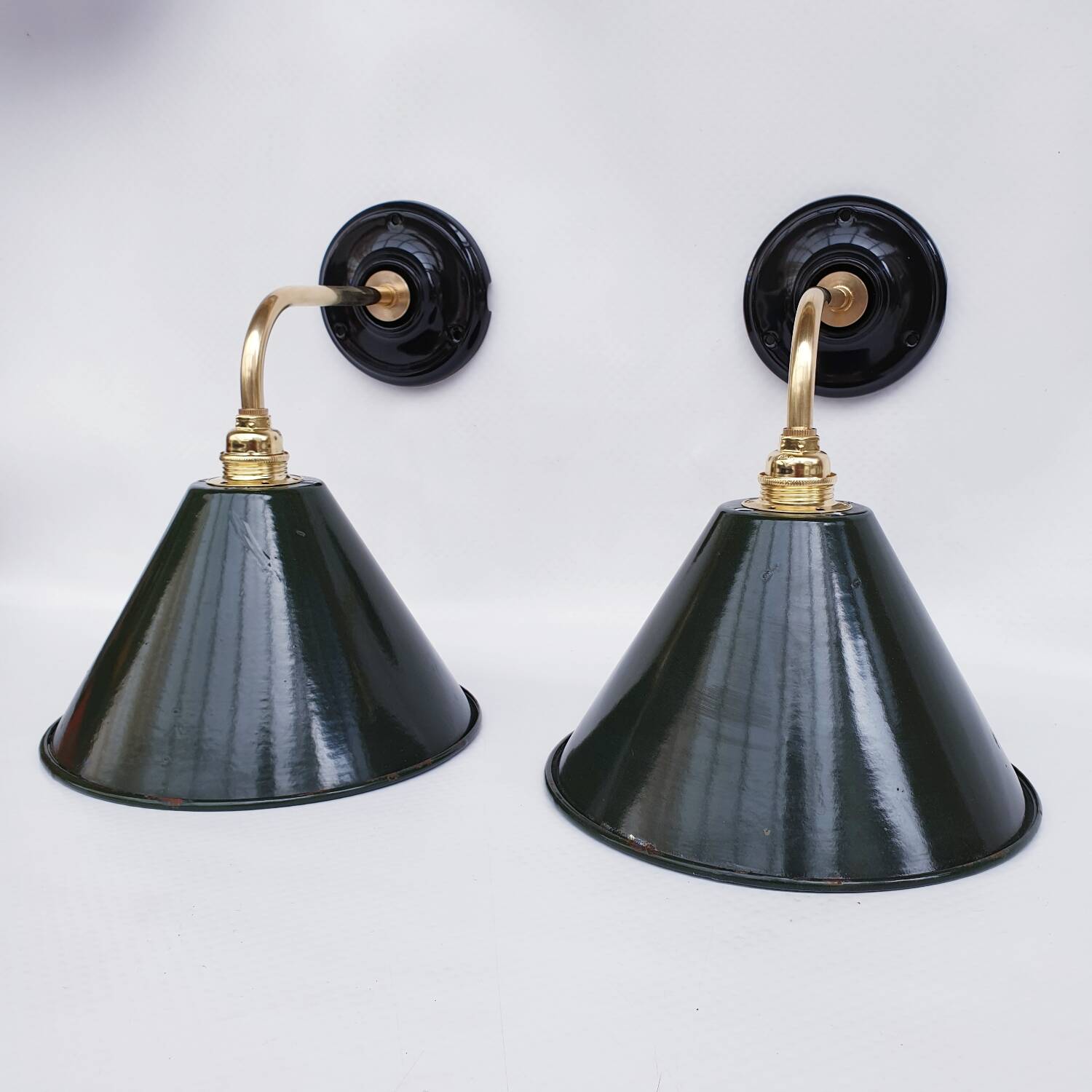 Pair of antique enamelled sheet metal wall lights