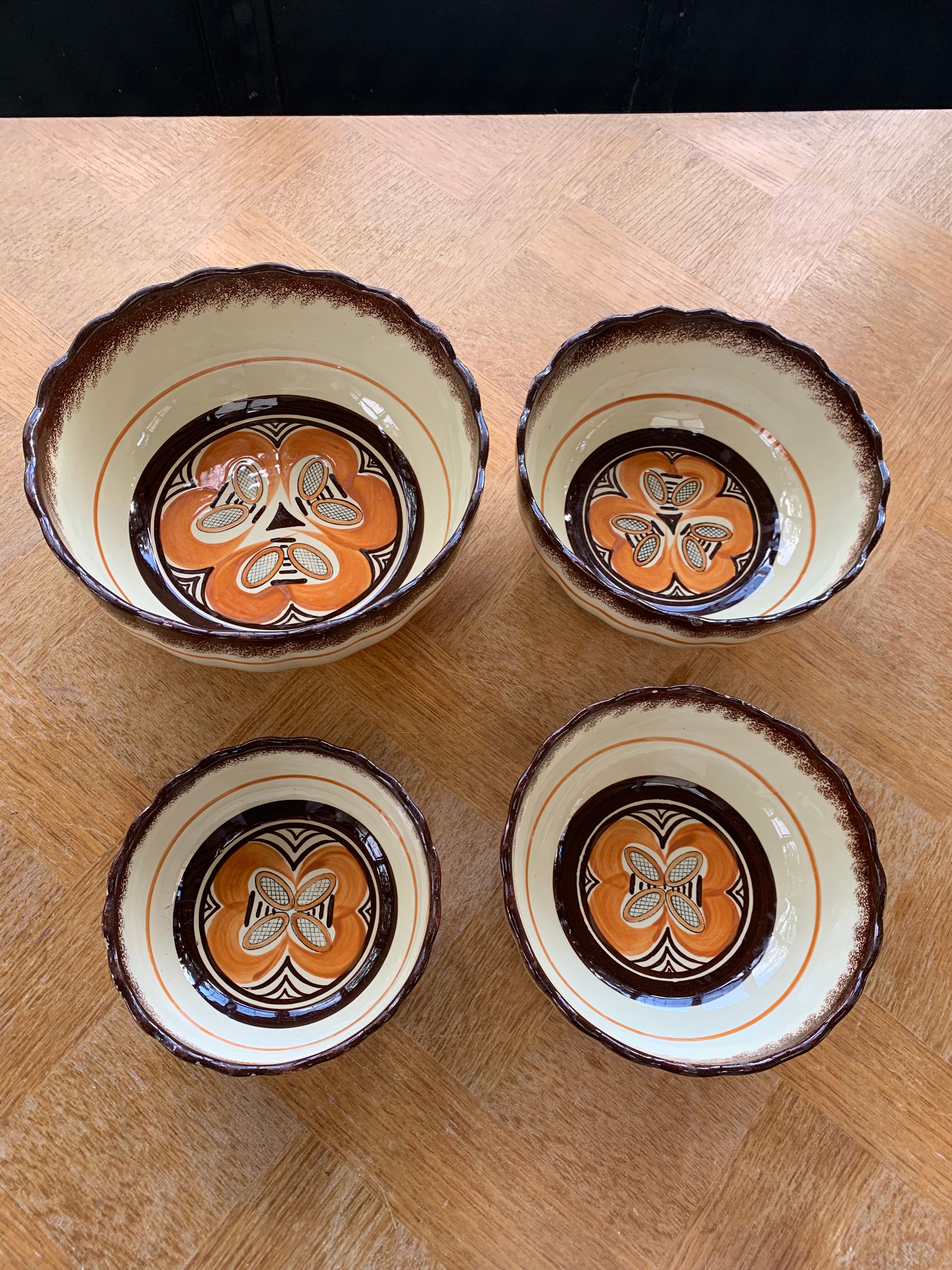 4 nesting salad bowls in enameled ceramic mbfa pont l abbé decorated vintage hand