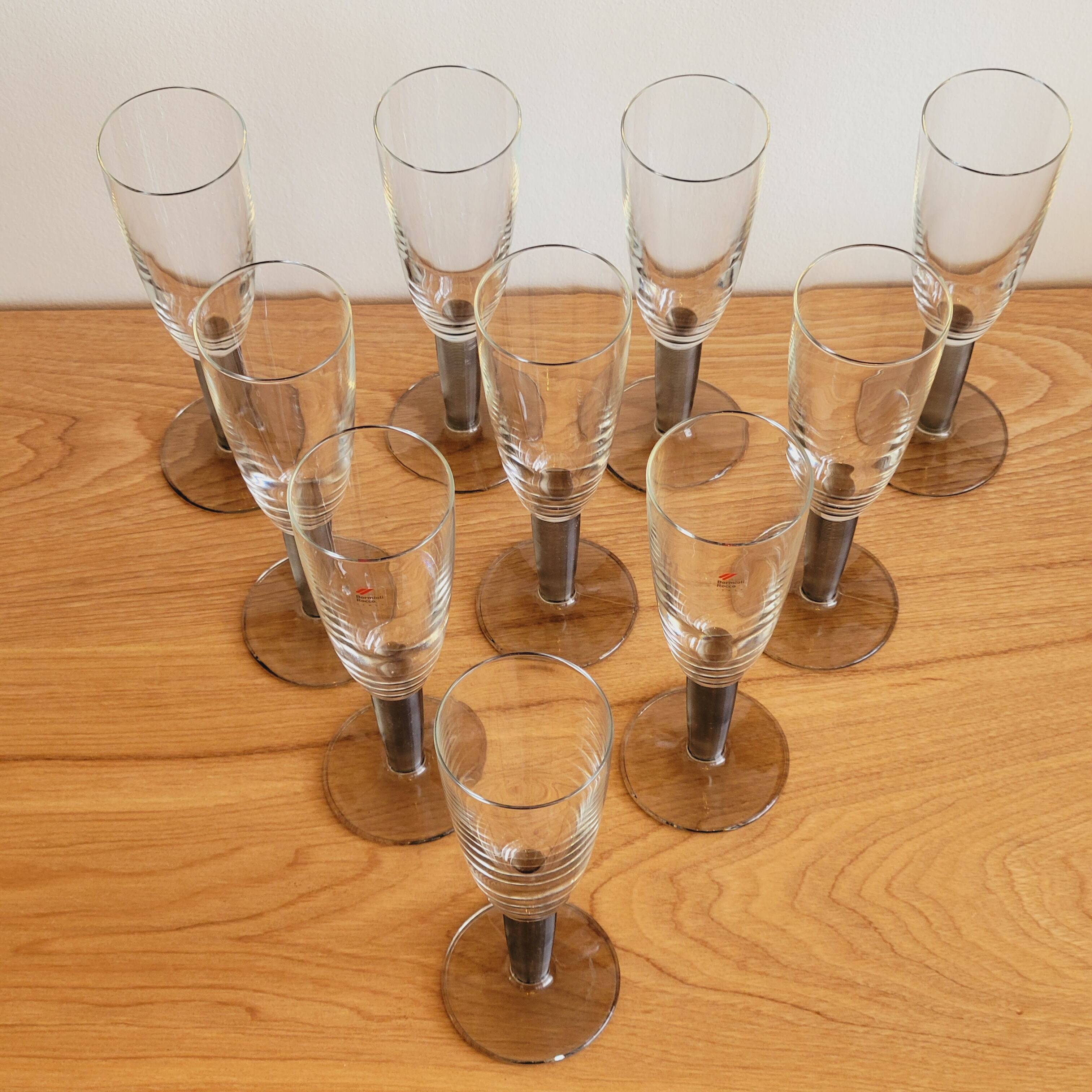 10 Bormioli Rocco Vintage Crystal Champagne Flutes Glasses with Grey Rain Foot