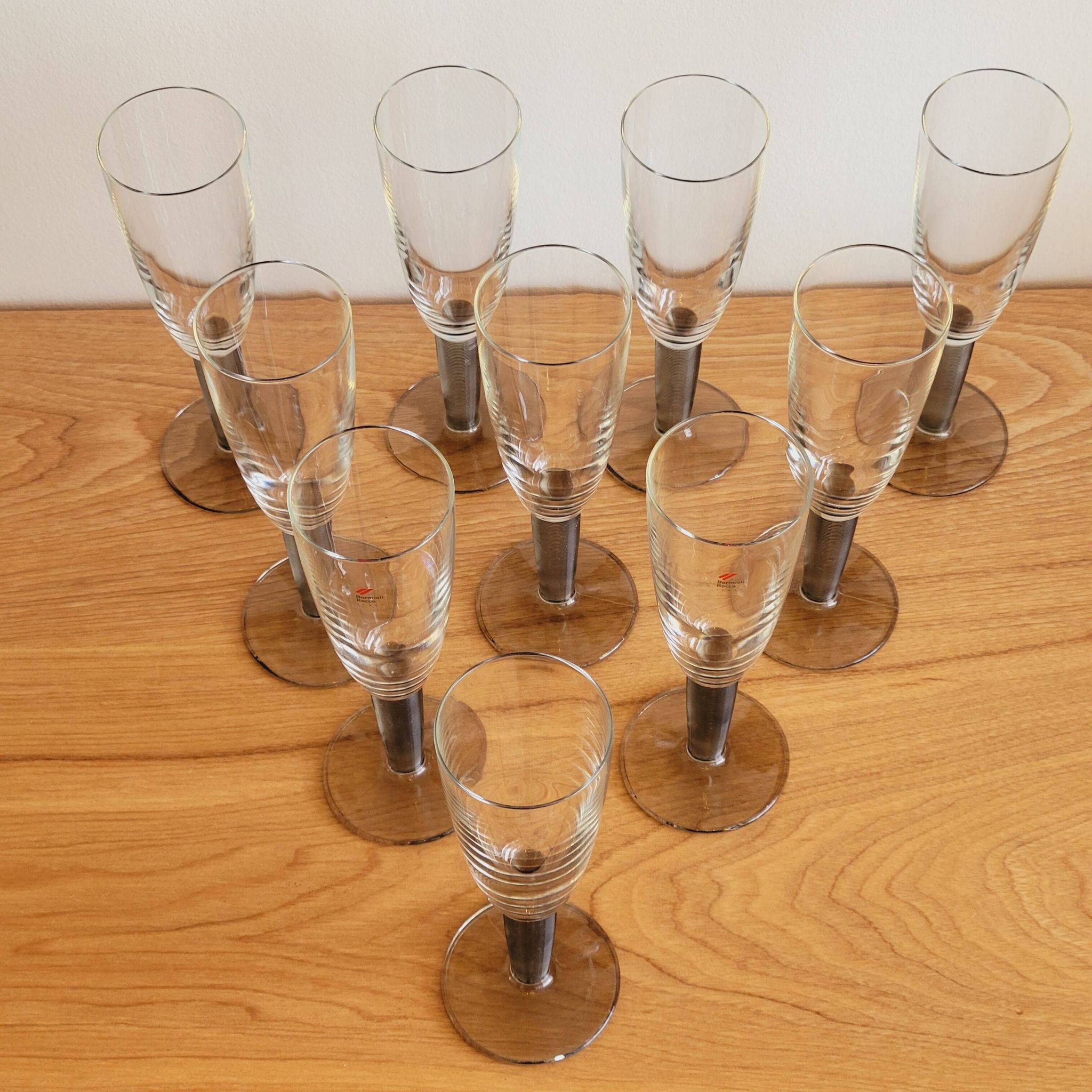 10 Bormioli Rocco Vintage Crystal Champagne Flutes Glasses with Grey Rain Foot