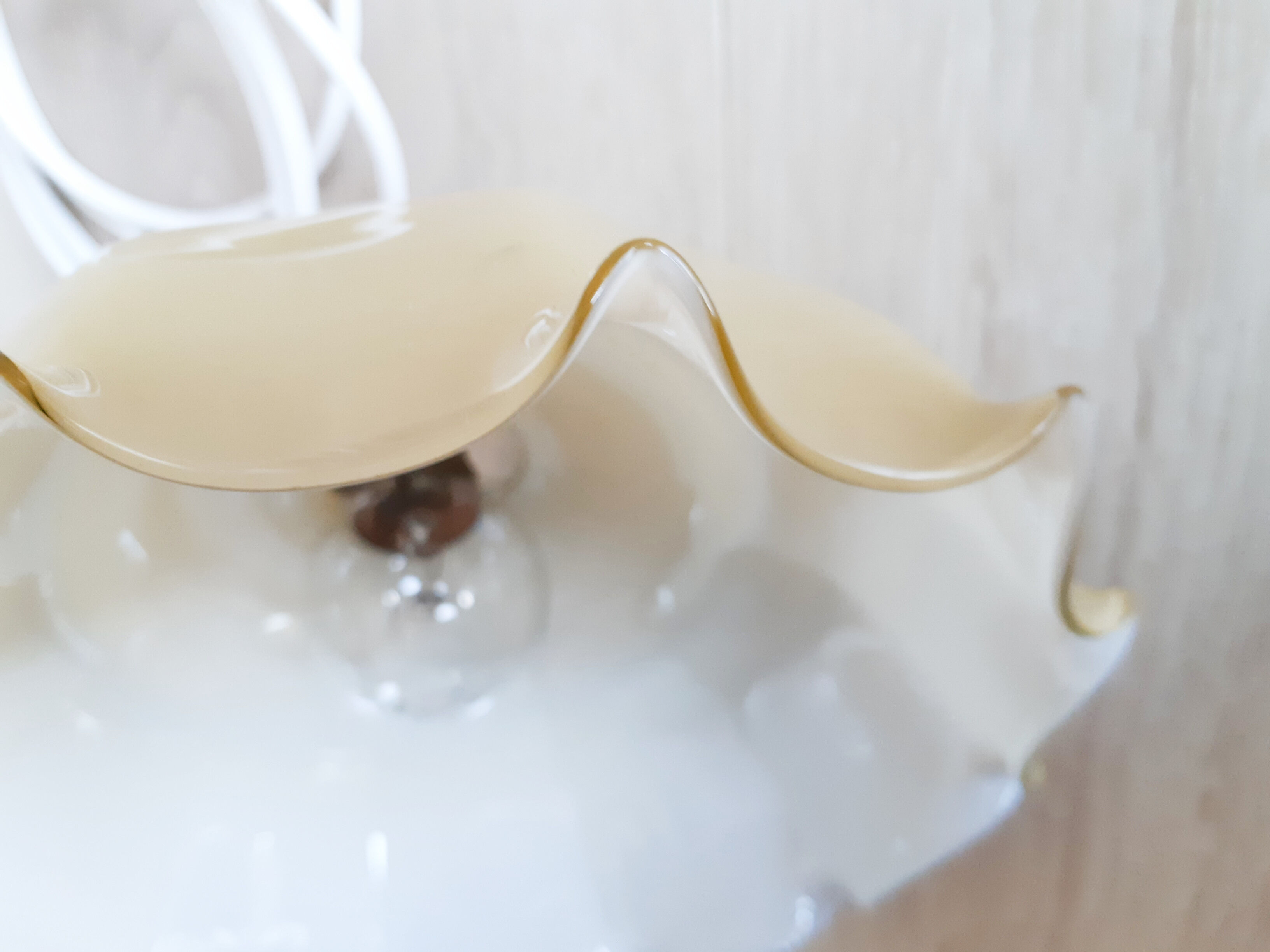 Pendant lamp chandelier, vintage yellow and white glass luminaire, petticoat shape, vintage french