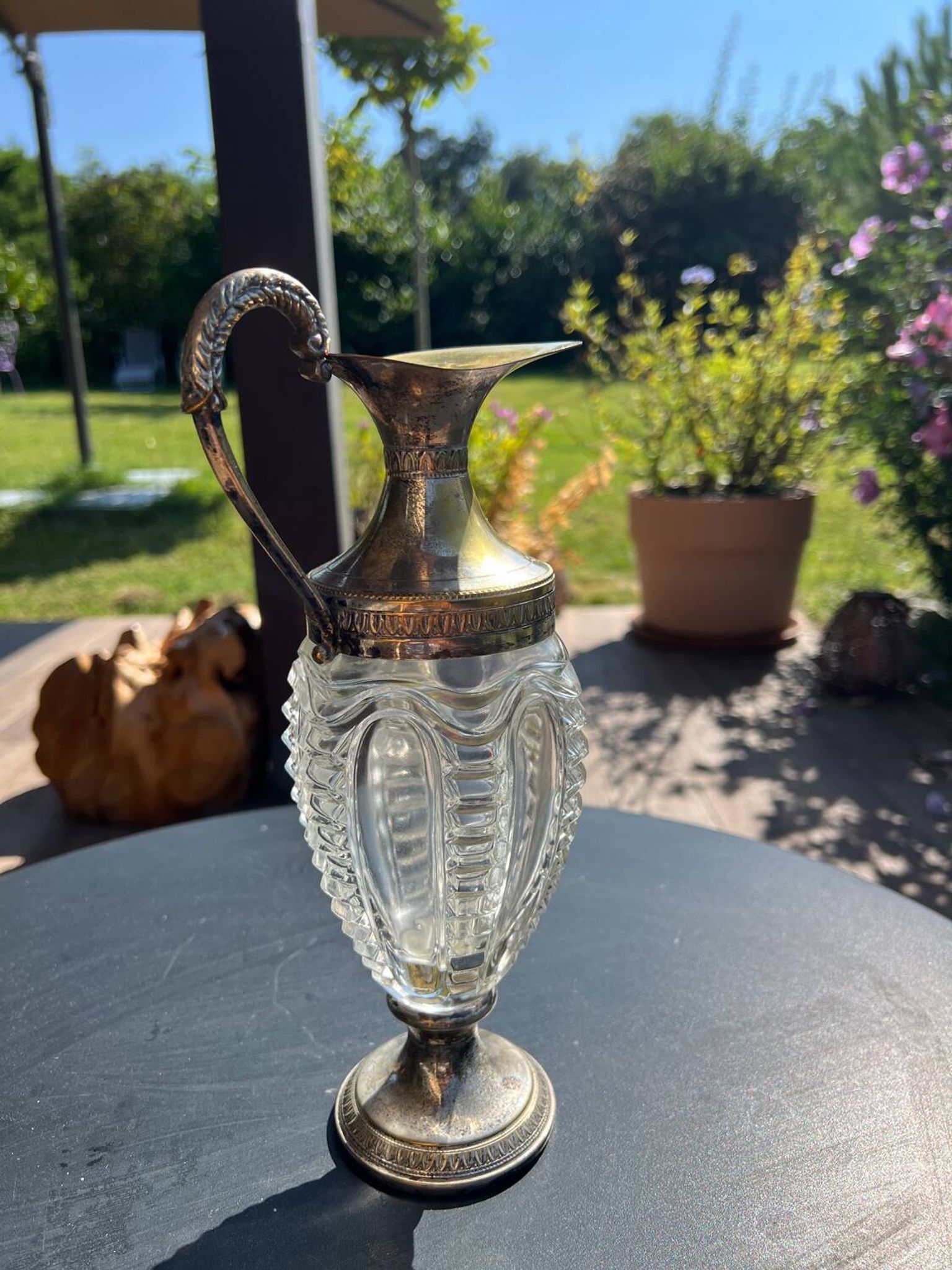 Ewer in molded Murano Venetian glass and metal