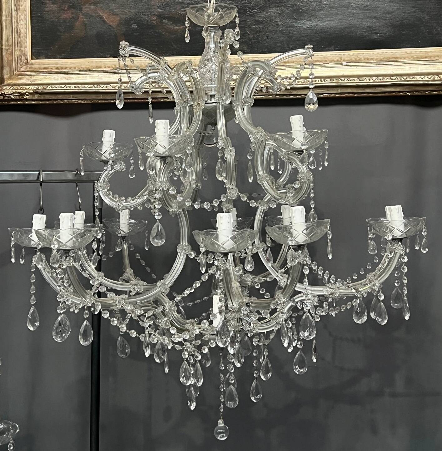 Pair of large Maria Theresa chandeliers. Crystal and glass.