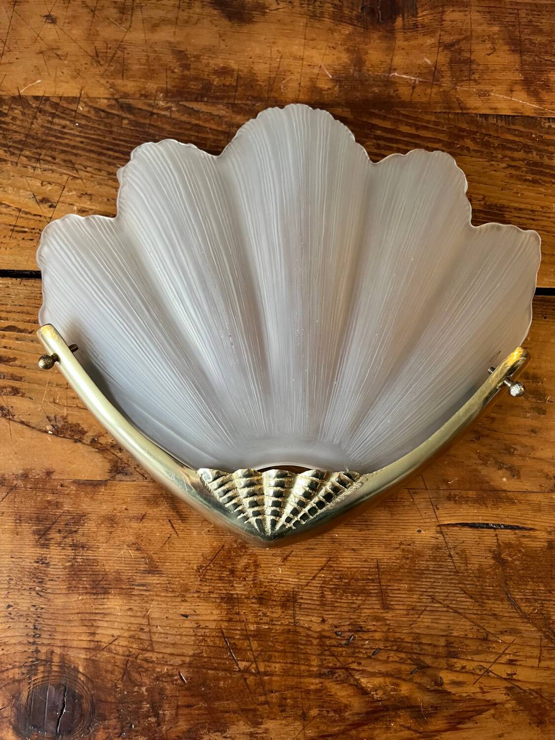 2 brass shell wall lamp covers in art deco molded glass