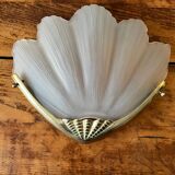 2 brass shell wall lamp covers in art deco molded glass